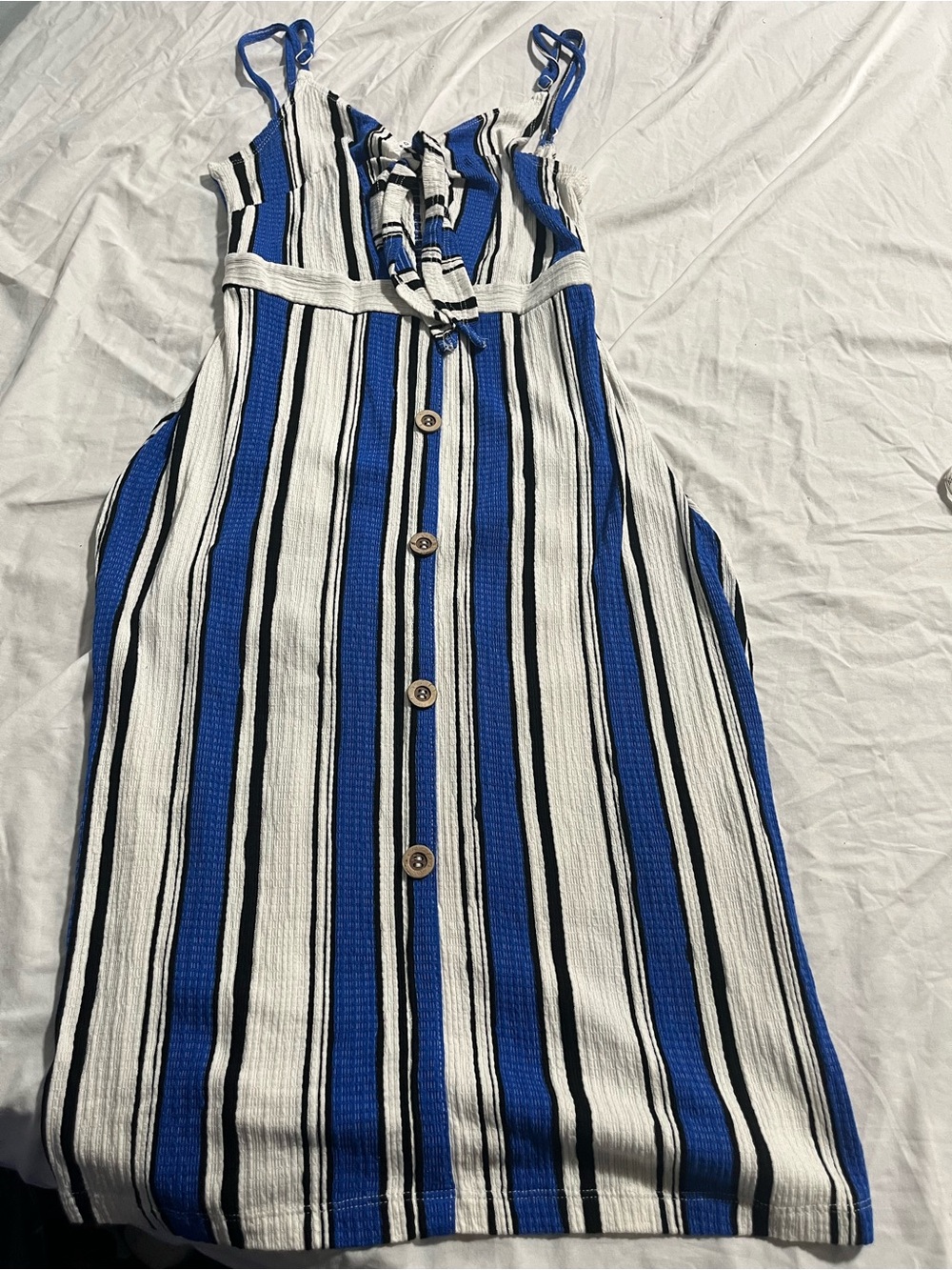 Love Tree Blue, White and Black Striped Button-Front Midi Dress